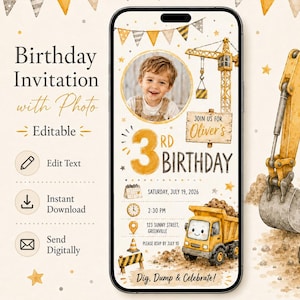 Könnte beinhalten: Eine digitale Geburtstagseinladungsvorlage auf einem Smartphone-Bildschirm mit einem Baustellenthema, gelben Baggern, einem Kran und Wimpeln. Das Design enthält einen runden Fotorahmen, den Text 3RD BIRTHDAY und Veranstaltungsdetails.