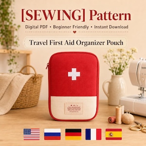 May include: A red and beige rectangular travel first aid organiser pouch with a white cross emblem on the front. The text reads [SEWING] Pattern, Digital PDF, Beginner Friendly, Instant Download, Travel First Aid Organiser Pouch, and Lee oudano.