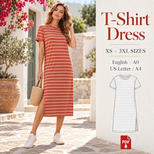 T-Shirt Dress Sewing Pattern PDF, Short Sleeve Midi Dress with Side Slit, XS-3XL, A4 A0 US Letter