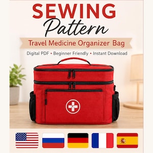 May include: A red travel medicine organizer bag with black zippers and trim, featuring a white medical cross symbol on the front pocket. The text reads SEWING Pattern Travel Medicine Organizer Bag Digital PDF Beginner Friendly Instant Download.