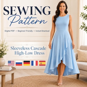 May include: A light blue sleeveless dress with a high-low hemline and cascade ruffle detail. The text reads SEWING PATTERN, Digital PDF, Beginner Friendly, Instant Download, and Sleeveless Cascade High-Low Dress, accompanied by five national flags.