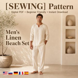 Könnte beinhalten: Ein digitales PDF-Schnittmuster für ein Leinen-Strandset, bestehend aus einem langärmeligen Hemd mit V-Ausschnitt und einer passenden Hose in hellem Beige. Der Text lautet [SEWING] Pattern, Digital PDF, Beginner Friendly, Instant Download, Men's Linen Beach Set.