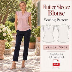 May include: A sewing pattern for a flutter sleeve blouse, featuring a pink and white striped top with a V-neckline and ruffled sleeves. The document includes technical line drawings of the front and back views, size range XS to 3XL, and PDF format.