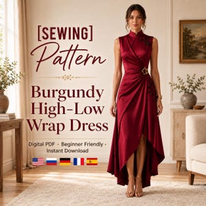 May include: A burgundy high-low wrap dress featuring a sleeveless design, a high collar, and a gold-toned side buckle. The text on the image reads [SEWING] Pattern, Burgundy High-Low Wrap Dress, Digital PDF, Beginner Friendly, Instant Download.
