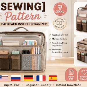 Könnte beinhalten: Ein Schnittmuster für einen Rucksack-Organizer aus beigem Stoff mit mehreren äußeren Netz- und Stofftaschen. Das Design umfasst einen Tragegriff, ein Hauptfach mit Reißverschluss und interne Fächer. Der Text lautet SEWING Pattern.