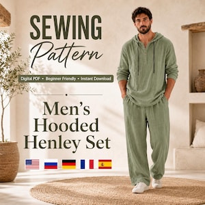 May include: A digital sewing pattern for a hooded henley set, featuring a long-sleeve hooded shirt with a button placket and matching loose-fit trousers. The text reads SEWING Pattern, Digital PDF, Beginner Friendly, Instant Download, Men's Hooded Henley Set.