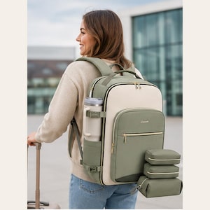 May include: A sage green and cream backpack featuring a front zippered pocket with a small logo, a side pocket holding a matching tumbler, and three additional small rectangular storage pouches attached to the side of the main bag.