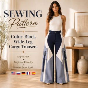 Peut inclure: Un patron de couture pour pantalon cargo large à blocs de couleur. Le texte indique : SEWING Pattern, Color-Block Wide-Leg Cargo Trousers, Digital PDF, Beginner Friendly, Instant Download. Le pantalon présente des panneaux bleu marine, blanc et bleu clair.
