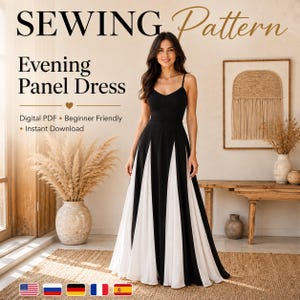 Peut inclure: Un patron de couture pour une robe de soirée à panneaux avec PDF numérique et téléchargement instantané. La robe longue présente un corsage noir à fines bretelles et une jupe composée de panneaux verticaux alternés noirs et blancs.