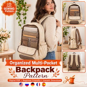 Puede incluir: Un patrón de costura para mochila beige y marrón con múltiples bolsillos, un compartimento principal con organizadores internos, bolsillos laterales y correas ajustables. El diseño incluye una solapa frontal, funda para portátil y malla.