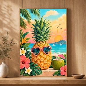 May include: A vertical wall art print featuring a golden pineapple wearing pink heart-shaped sunglasses. The pineapple is surrounded by tropical hibiscus flowers and green leaves. A coconut drink with a pink umbrella sits nearby against a beach background.