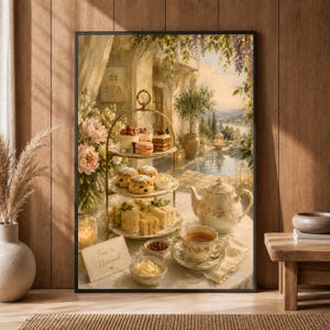 May include: A framed wall art print depicting a three-tiered dessert stand filled with pastries, sandwiches, and fruit. A floral teapot, a teacup, and a small sign reading Time to Unwind sit on a table overlooking a pool and garden landscape.