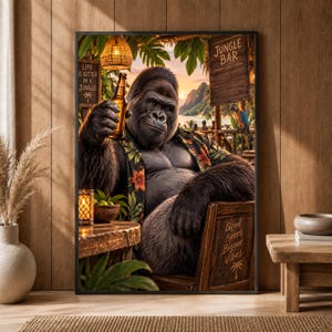 Gorillaölväggkonst, rolig djungelbartryck, tropisk man cave-dekor