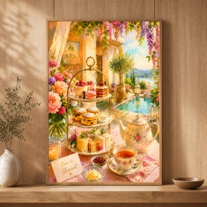 May include: A framed wall art print depicting a three-tiered dessert stand with pastries, sandwiches, and fruit, alongside a floral teapot, a teacup, and a sign reading Time to Unwind, set against a backdrop of a swimming pool and wisteria.