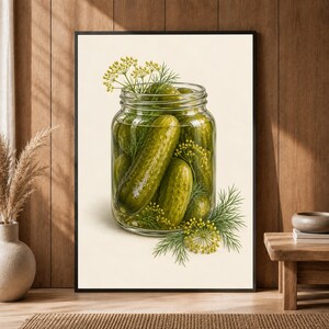 Könnte beinhalten: Ein gerahmter Wandkunstdruck, der ein klares Glasgefäß zeigt, gefüllt mit grünen Gewürzgurken und frischen Dillzweigen. Die Gurken liegen in Lake und zeigen ihre noppige Textur und leuchtend grüne Farbe vor einem hellen cremefarbenen Hintergrund.