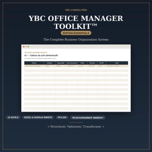 Peut inclure: Un tableur de suivi administratif numérique intitulé YBC OFFICE MANAGER TOOLKIT, présentant des colonnes pour le dossier, la catégorie, le responsable, la date d'ouverture, le statut, l'échéance, la priorité et les notes sur fond sombre.