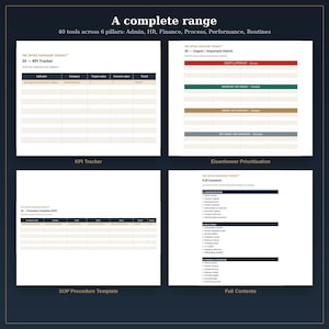 Peut inclure: Une collection de documents numériques intitulée A complete range, 40 tools across 6 pillars. Elle présente quatre modèles : un KPI Tracker, une matrice Eisenhower Prioritisation avec des lignes colorées, un Procedure Template et une liste Full Contents.