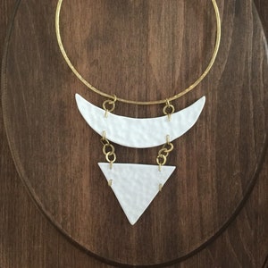 Handmade Brass Porcelain Statement Necklace Ceramic Jewelry Statement Necklace Art Jewelry White and Gold Necklace Breastplate Wearable Art