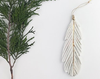 Handmade Feather Ornament Ceramic White And 22k Gold Porcelain Minimal Holiday Remembrance Loss Memory Holiday Angel Wings Holiday Ornaments