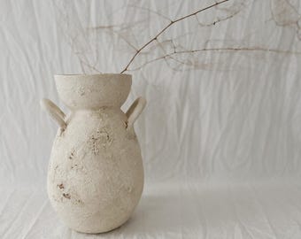 Sculptural Ceramic Vase with Handles — Handmade Stoneware Pod Vase, Antique Textured Flower Vessel, Neutral Heirloom Pottery for Calm Decor