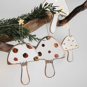 Handmade Ceramic Mushroom Ornaments white and gold