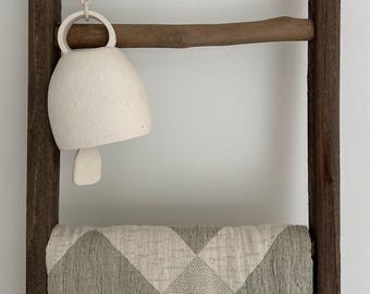 Japandi Bell — Handmade Ceramic Hanging Bell, Modern Textured Stoneware Decor Bell Chime with Cotton Rope, Neutral Home Decor