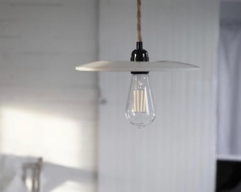 Flat Ceramic Pendant Light — Handmade Clay Hanging Lamp, Renter Friendly Plug In or Hardwired Stoneware Light for Kitchen and Dining
