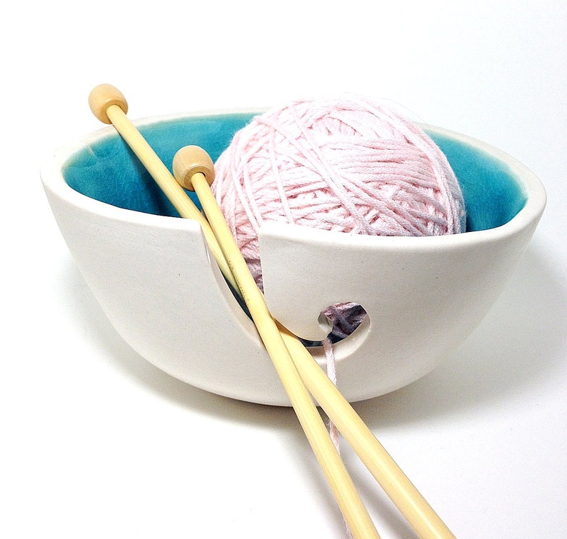 Turquoise Yarn Bowl and White Porcelain Pottery Yarn Keeper Etsy