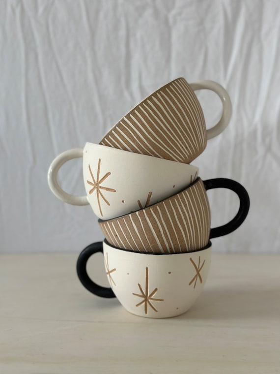 Handmade Star and Stripe Mugs Microwave Safe Mugs Neutral Color