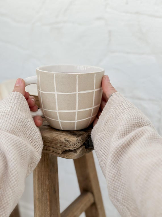 Handmade Ceramic Mug  Neutral Lined Checkered Stoneware, 16oz Minimal Coffee  Cup Dishwasher and Microwave Safe - Etsy