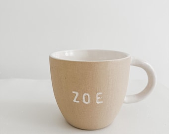 Personalized Name Mug, Handmade Custom Word Mug — Monogram Stoneware Coffee Mug, Custom Clay Gift in Neutral Colors