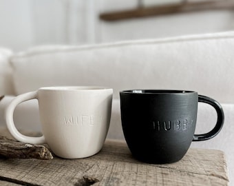Hubby and Wifey Handmade Ceramic Couple Mugs  His and Hers Gift Engagement Wedding Anniversary Dishwasher Safe Newlywed Gifts  Elopement