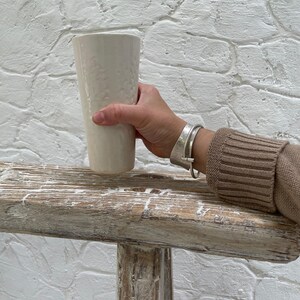 Lace Ceramic Tumbler — Tall Handmade Pottery Coffee and Tea Cup, Minimal Textured 14oz Tumbler in White, Dishwasher and Microwave Safe