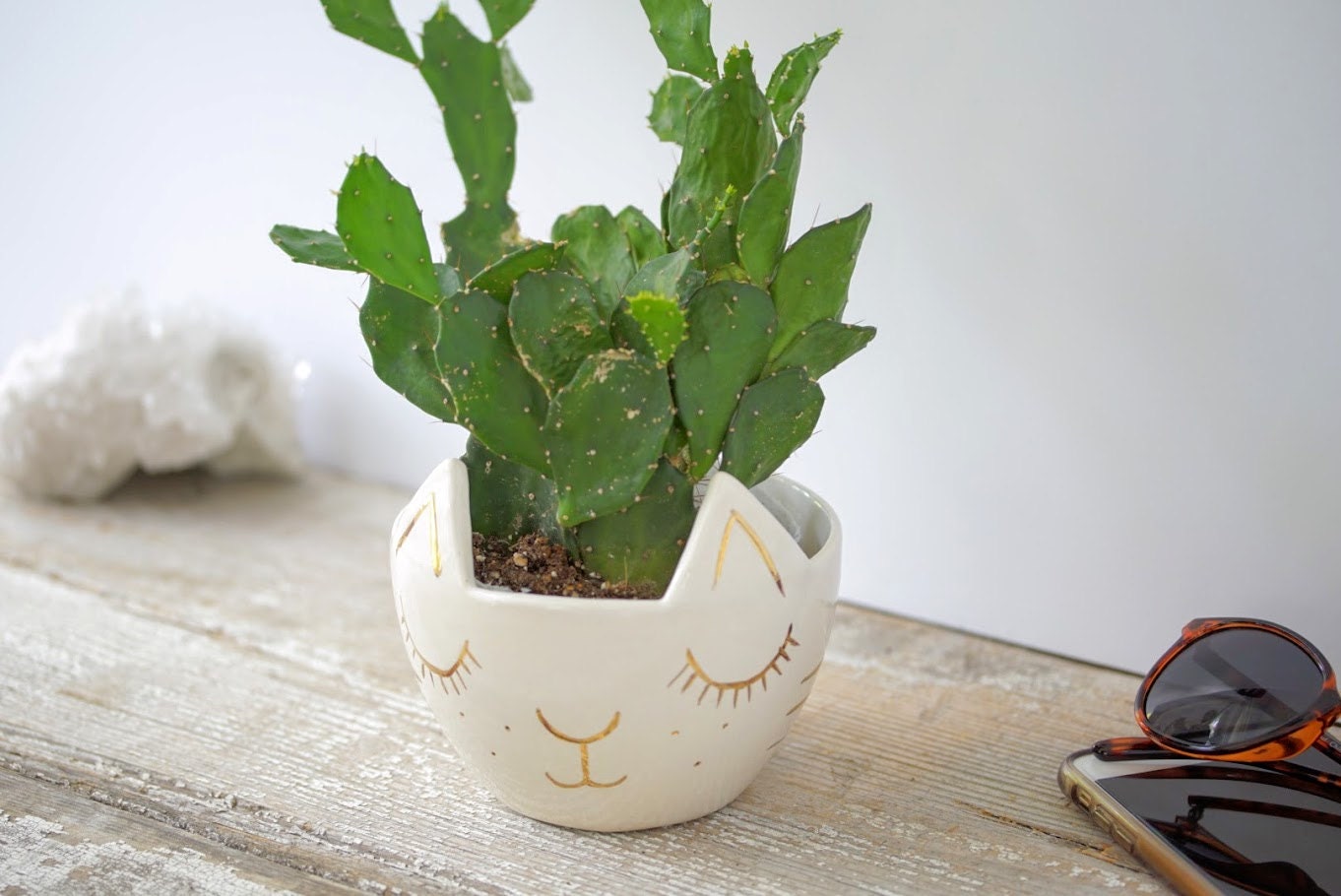 Kitty Cat Planter Blanc et Or Pot Porcelaine Poterie Céramique Mignon Récipient Parfait Cadeau
