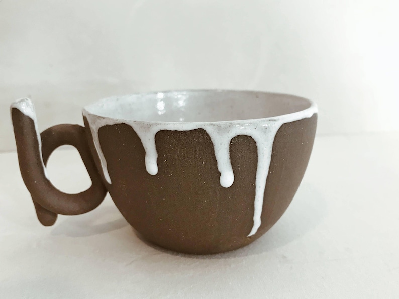 Drip Glaze Mug, Handmade Earthy Ceramic Coffee Mug — Wide Loop Handle Stoneware Cappuccino Mug in Neutral Tones image 1