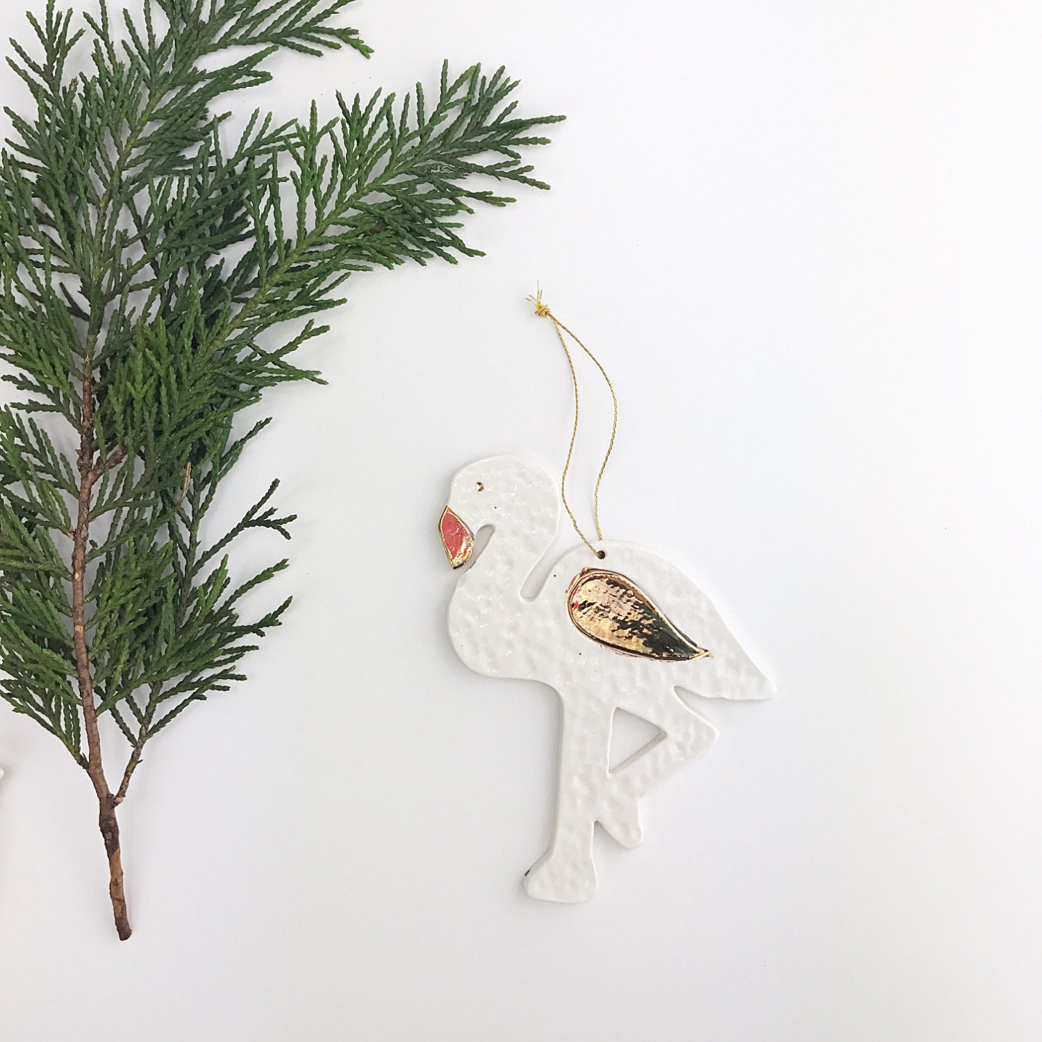 Flamingo Ornement Blanc et Or 22K Minimal de Noël Cadeau #flamingoornament