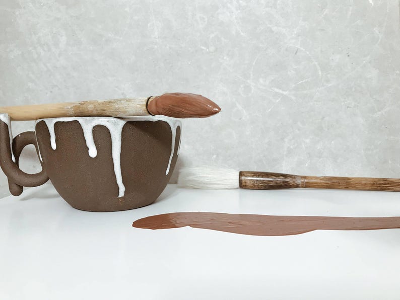 Drip Glaze Mug, Handmade Earthy Ceramic Coffee Mug — Wide Loop Handle Stoneware Cappuccino Mug in Neutral Tones image 4