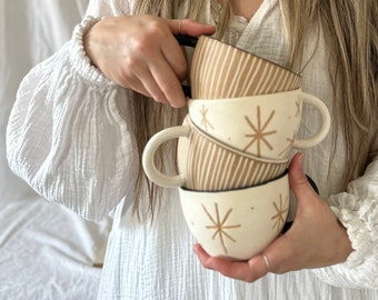 Handmade Ceramic Star & Stripe Mugs Unique Personalized Coffee Mugs Earthy Pottery Mugs Pottery Mug Coffee Mug Handmade Texture Organic Mugs