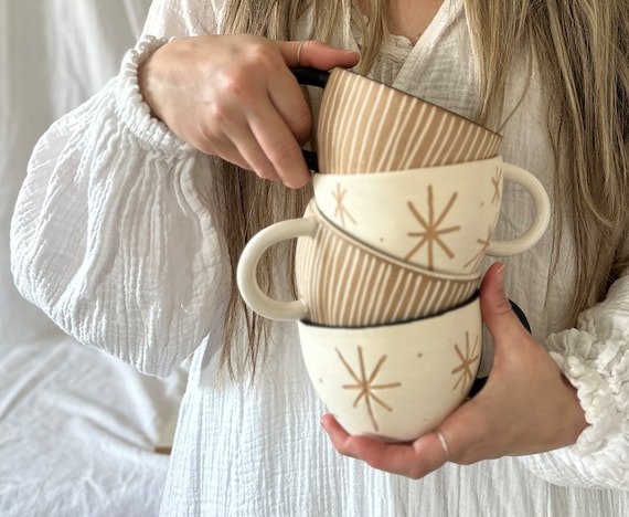 Handmade Ceramic Star & Stripe Mugs Unique Personalized Coffee Mugs Earthy  Pottery Mugs Pottery Mug Coffee Mug Handmade Texture Organic Mugs 