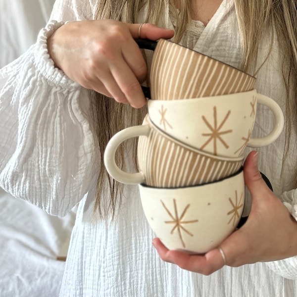 Handmade Ceramic Star & Stripe Mugs Unique Personalized Coffee Mugs Earthy Pottery Mugs Pottery Mug Coffee Mug Handmade Texture Organic Mugs