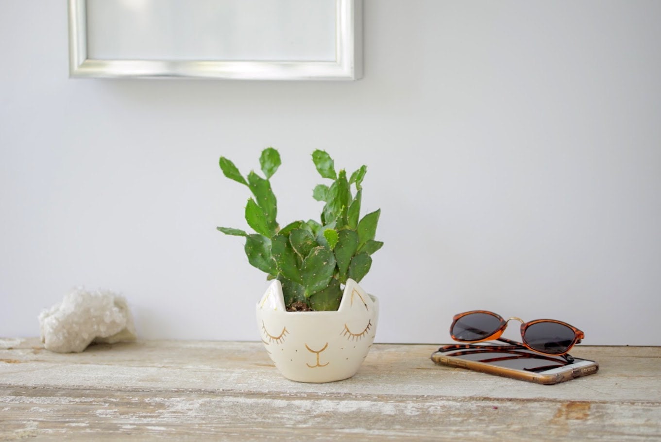 Kitty Cat Planter Blanc et Or Pot Porcelaine Poterie Céramique Mignon Récipient Parfait Cadeau #catg