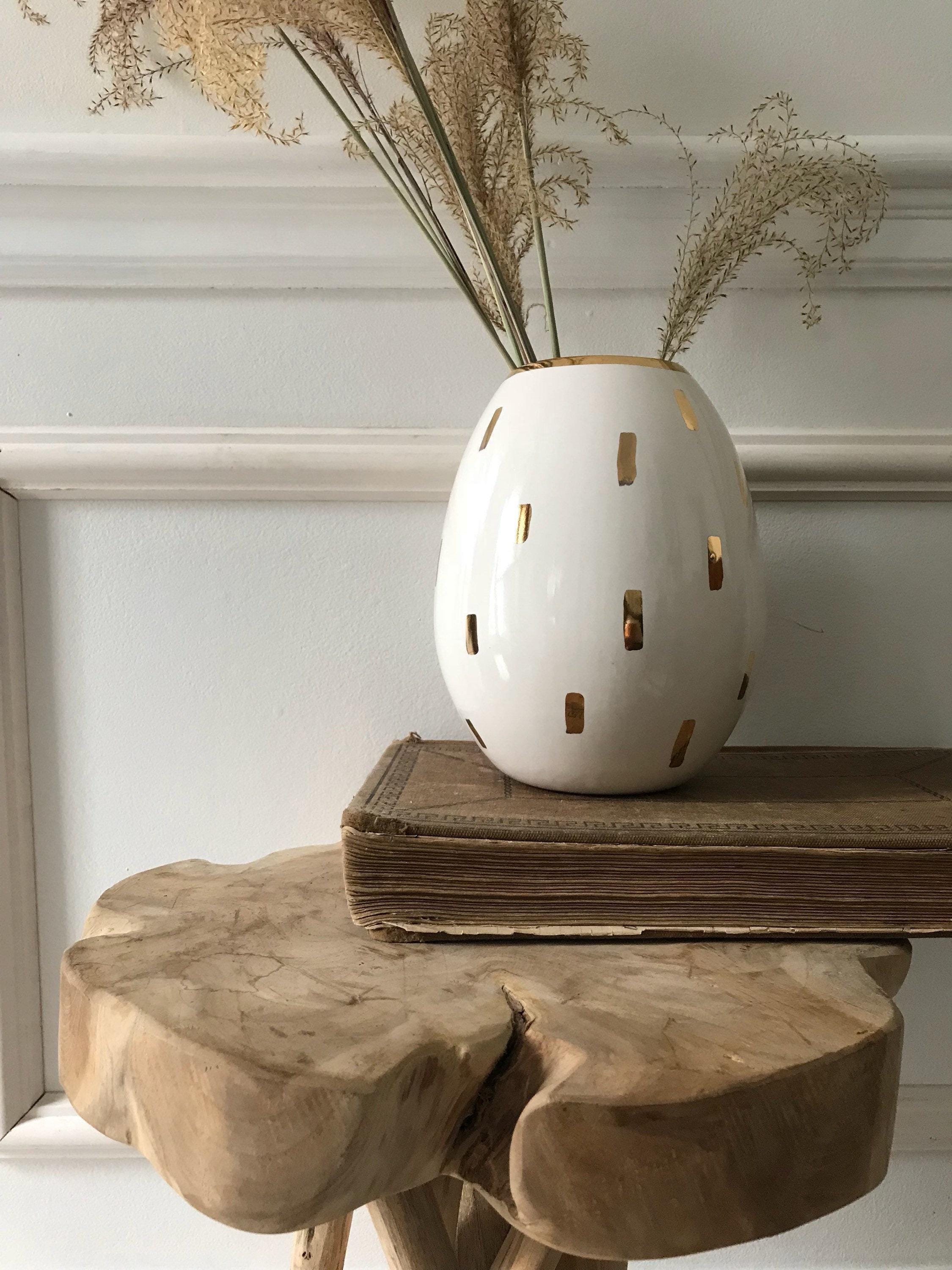 Handmade Gloss White Ceramic Vase With 22K Gold Luster, Modern Home Decor