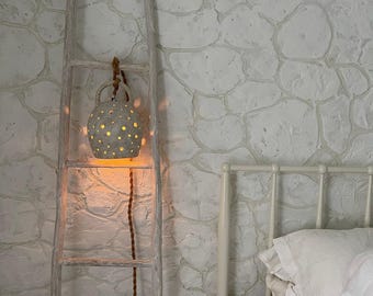 Starry Ceramic Pendant Light, Handmade Carved Stoneware Bell Lamp — Boho Plug In Hanging Light for Bedroom and Dining Mood Lighting