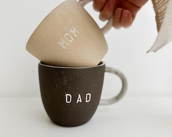 Mugs for New Parents, Handmade Mom and Dad Mugs — Stoneware 16oz Couple Set, Luxury Baby Shower Gift for Expecting Parents