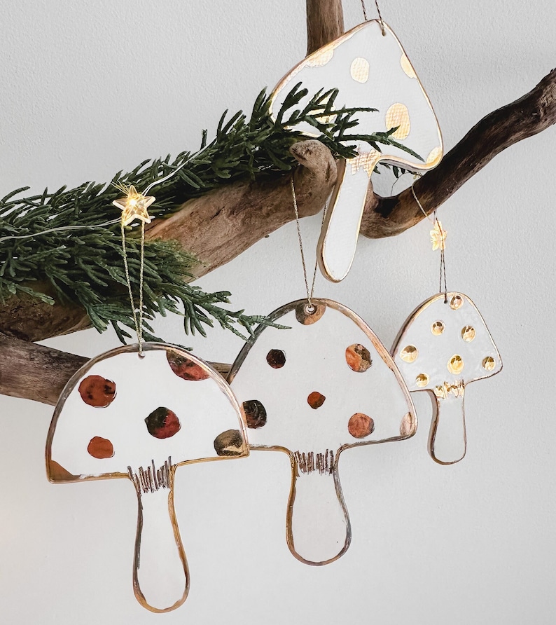 Handmade Ceramic Mushroom Ornaments white and gold