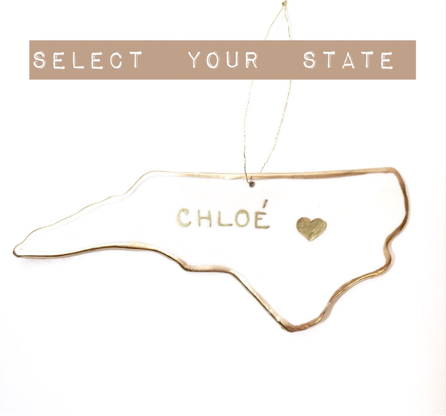 Ornement Personnalisé de Forme d'état Américain Blanc et Or 22 Carats Minimal Personnalisé Cadeau No