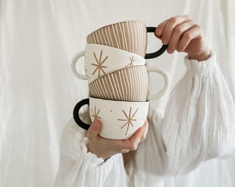 Star & Moon Ceramic Mug, Celestial Coffee Cup, Earthy Stoneware Pottery, Minimalist Astro Mug Gift