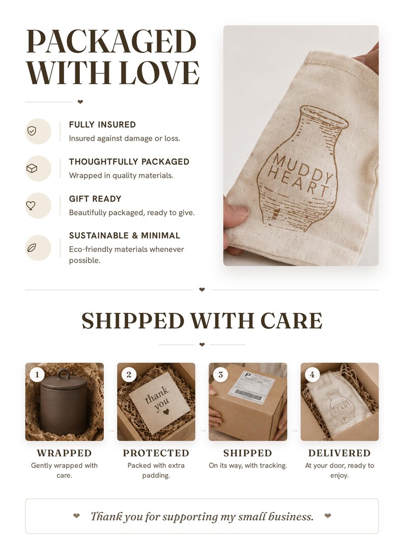 The image is a collage of four images depicting the process of shipping a package with care. The images show the package being wrapped, protected, shipped, and delivered.