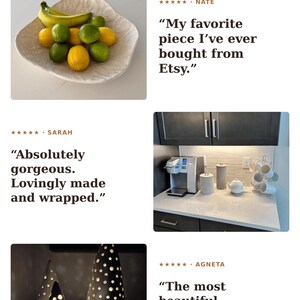 The image is a collage of four photos featuring handmade items, including a bowl of fruit, a handmade piece, a kitchen counter, and a decorative lantern. The photos are accompanied by customer reviews, highlighting the handmade nature of the items and their beauty.