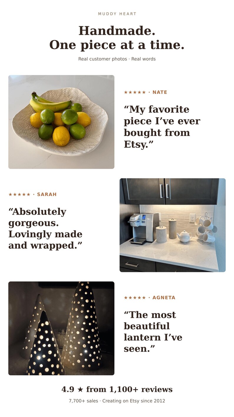 The image is a collage of four photos featuring handmade items, including a bowl of fruit, a handmade piece, a kitchen counter, and a decorative lantern. The photos are accompanied by customer reviews, highlighting the handmade nature of the items and their beauty.